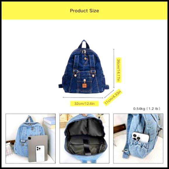 Vintage Y2K Grunge Denim Backpack Lightweight Canvas Daypack Travel Purse